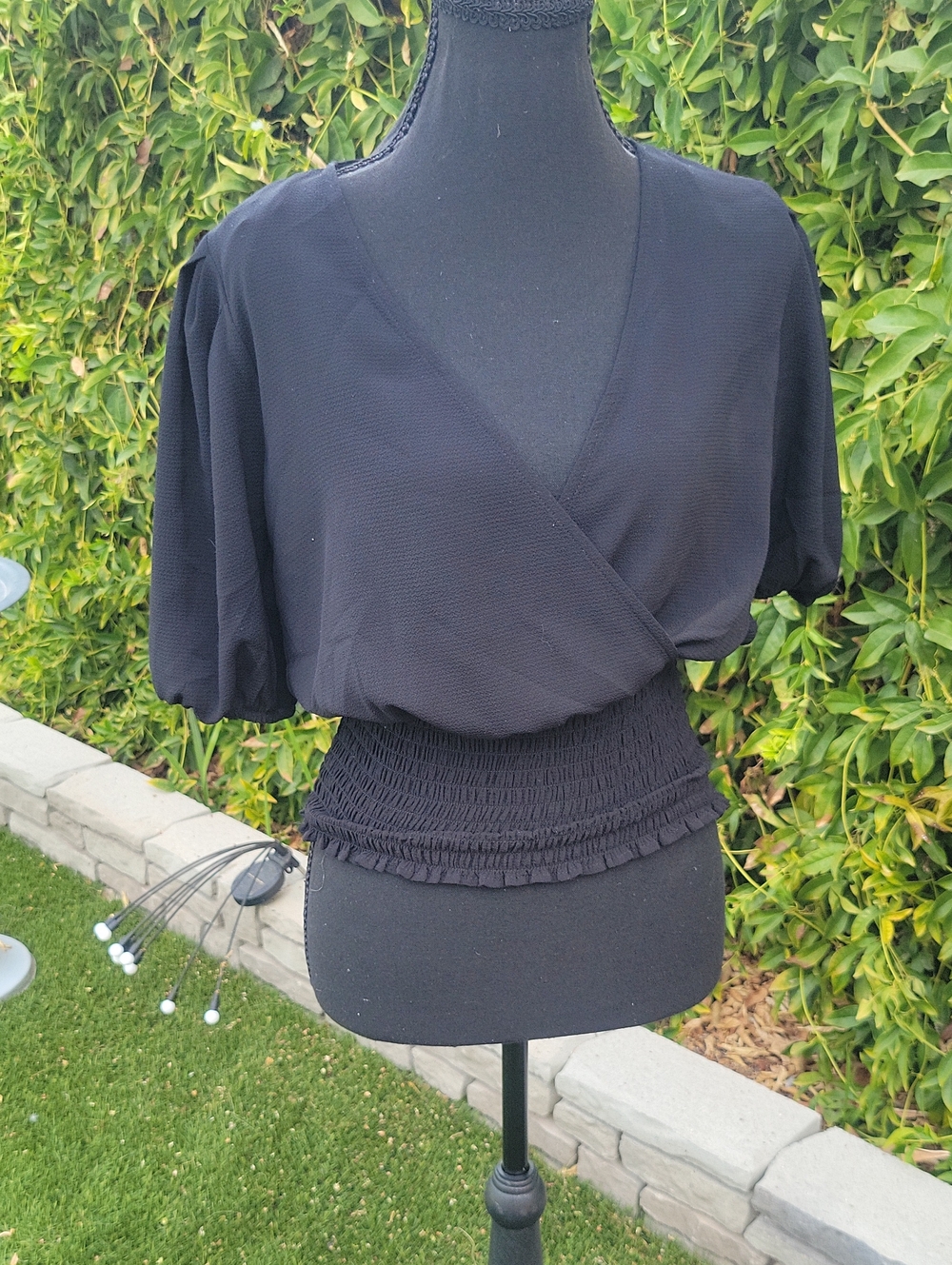 1. State Black Wrap Smocked Waist Blouse XS